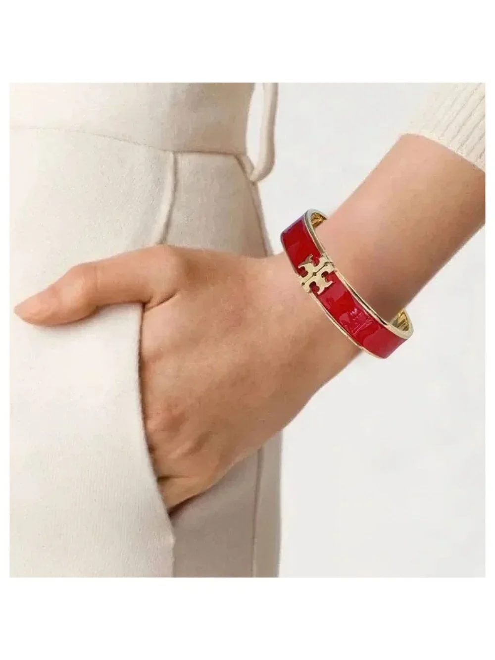 Tory Burch Enameled Kira Logo Hinged Bracelet Gold/ Red OS